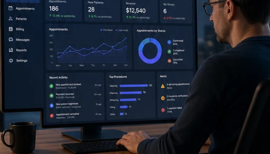 Professional using a clear daily dashboard with prioritized metrics, alerts and actions