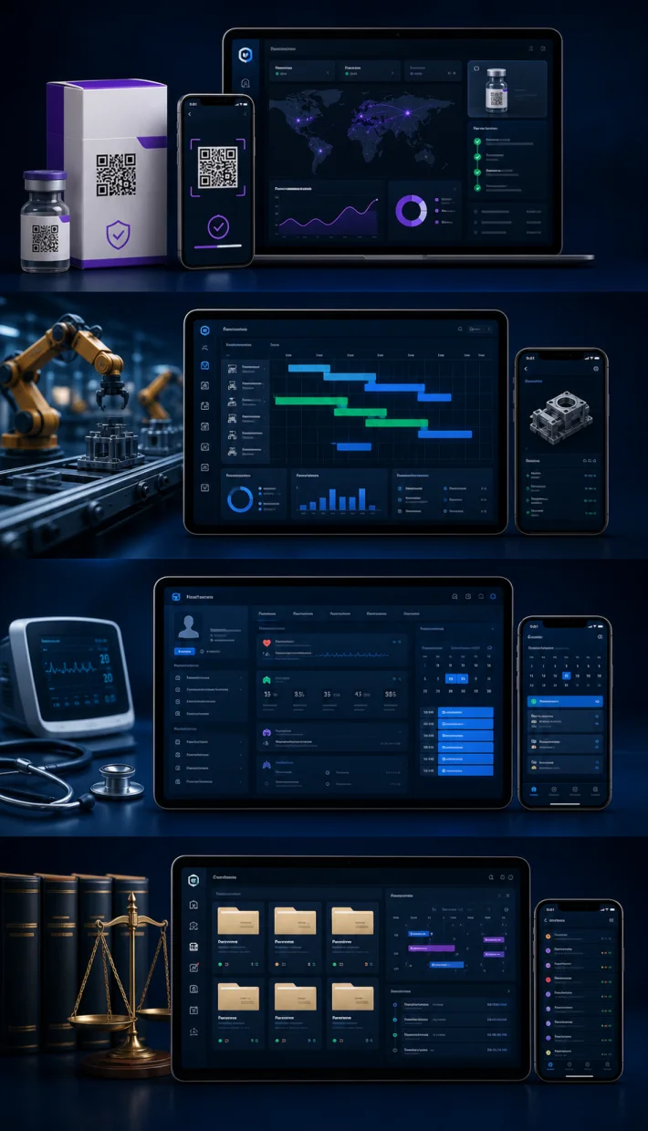 Live software products for pharmaceutical verification, manufacturing planning, healthcare and legal practice management